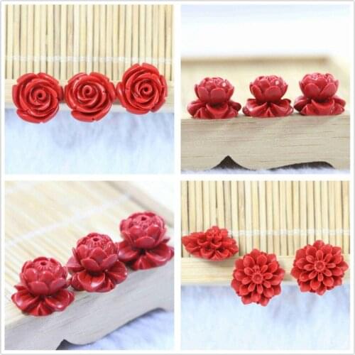 New synthetic red cinnabar flower carving accessories pendant beads hot diy jewelry making 5pcs B954