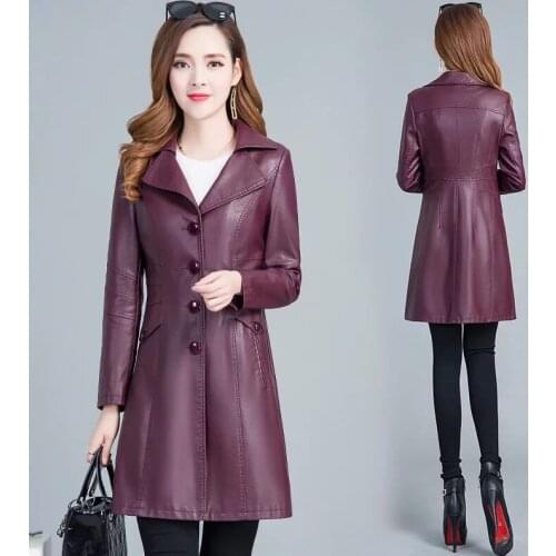 Orwindny Slim Fashion Long Leather Trench Coat For Women Turn-down Collar Plus Size 5XL Leather Clothing Female Overcoat Autumn