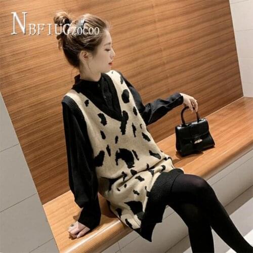 2020 Autumn Winter Fashion Women Sets Leopard Knitting Vests And Black Blouse Female Sets