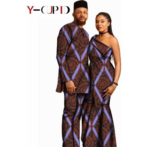 African Couple Clothes Women One Shoulder Long Dresses Matching Men Outfits Cap + Shirt + Pants Sets Bazin Party Wear YS20C016