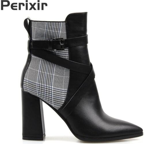 Perixir Women Ankle Boots Winter Cotton Fabric PU Pointed Toe Square Heel Winter Bukkle Lady Ankle Boots Short Shoes