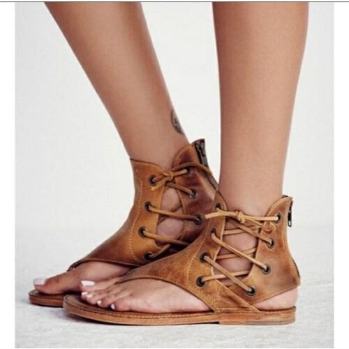 Summer woman sandals PU Lace Up Flat Toe Round Toe Shallow Bohemia Toe Comfy Soft Retro Wedge sandal women shoes size 36-44
