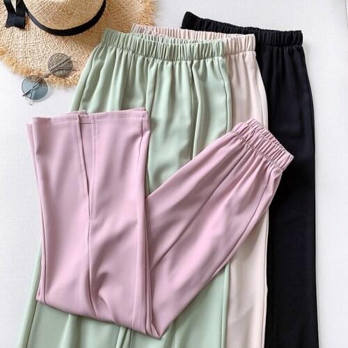 Wasteheart Spring New Women Fashion Pink Green Long Loose Pants Wide Leg Pants Elastic High Waist Female Pants Casual Knitted