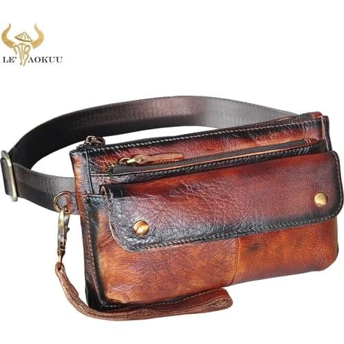 Genuine Leather men Vintage Design Fanny Waist Belt Bag Chest Pack Fashion Wine Travel 7" Phone Cigarette Case Pouch Male 8136