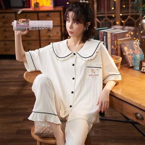 Turn-down Collar Plus Size Homewear Kawaii Women Nightwear Spring Sumemr Cartoon Sleepwear 2 Piece Sets For Women Cotton Pajamas