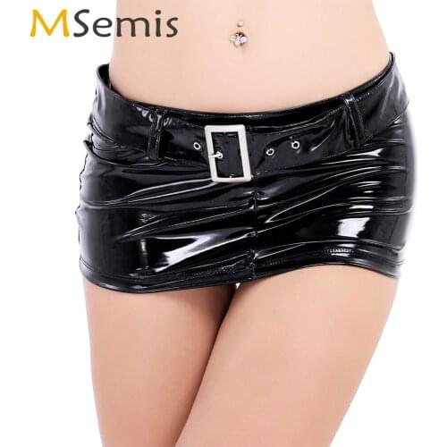 Womens Erotic Latex Mini Skirt Panties Low Waist Wet Look Pole Dance Booty Skirts Sexy Leather Bottoms with Belt Loops Clubwear