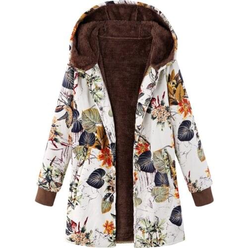 Womens Thread Long Sleeve Hooded Thickened Plush Cotton Padded Jacket Floral Print Large Hooded Jacket Wm