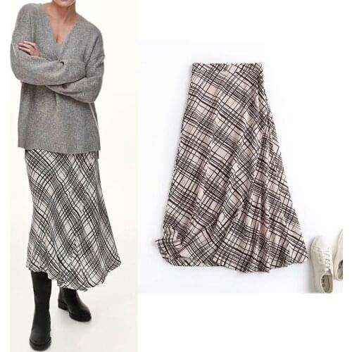 Za Fashion 2021 Women Skirts Plaid Print Vintage Long Skirts Female High Waist Elegant A-Line Mujer Faldas