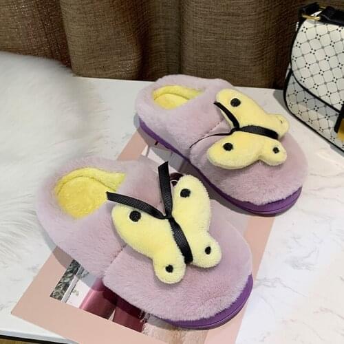 Women Winter Slippers Purple Butterfly Animals Indoor Home Ladies Slippers Furry Soft Comfort 39 Shoes Woman House Slippers