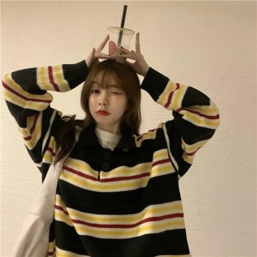 Snordic Women Autumn Oversized Horizontal Striped Sweater Turn-down Collar Full Sleeve Knitted Pullover Jumpers with Button