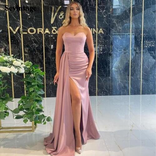 Sevintage Mermaid Satin Long Evening Dresses Sexy High Slit Pleasts Prom Dress with Train Princess Formal Women Party Gowns