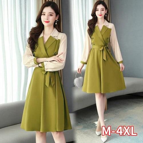 Vestido De Festa 2021 Spring Autumn Elegant Patchwork A-Line Dress Bodycon Long Sleeve Turn-down Collar Party Plus Size Dresses