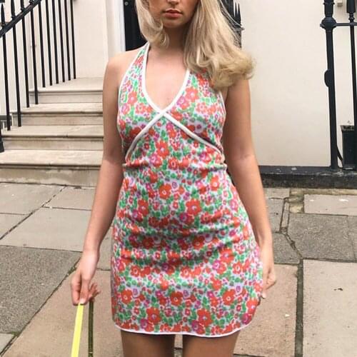 2021 Floral Halter Dress Patchwork y2k Aesthetic Mini Dress Backless Sexy Summer Beach Holiday Sundress Female Retro Dress