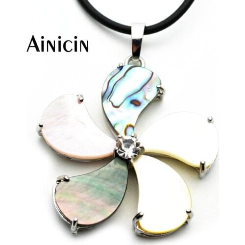 1pc Natural Abalone Black Shell Flower Shape Pendants Fashion Women Jewelry 18'' Rubber Chain Necklace
