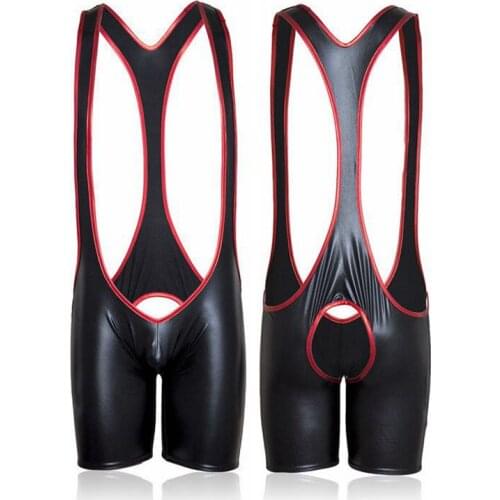 Brand Sexy Mens Teddies Singlet Body Open Crotch Underwear One-Piece Bodysuits Siamese Patent Leather mens underwear