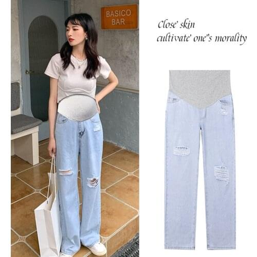 Pregnant womens Hole Pants Spring and Autumn Thin Style Wear Casual Summer Loose Straight Wide Leg Maternity Jeans Korea Japan
