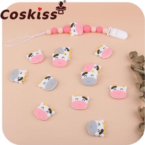 Coskiss 5pcs Mini Silicone cow Beads Cartoon Teether DIY Baby Pacifier Teething Making Necklace Sensory Toy Food Grade Beads