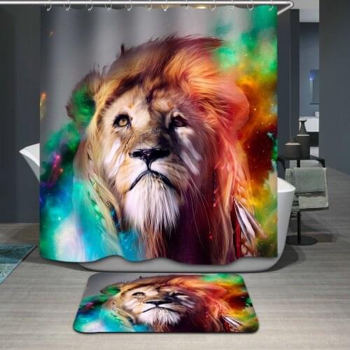 Color Lion Shower Curtains Creative Animal Bathroom Decor Home Bathtub Hang Curtain Set and Non-slip Flannel Bath Mat Carpet