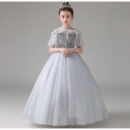 Flower Girl Dresses Illusion O-Neck Sequined Princess Floor-Length Tulle Lace Short Silver Off The Shoulder Kids Party Gown H231