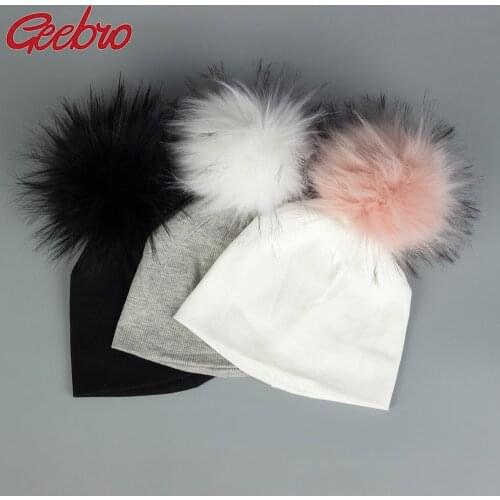 Geebro Newborn Hat Faux Fur Baby Solid Cotton Cap Pompom Bobble Hat For Kids Winter Boys And Girls Caps Childrens Hats