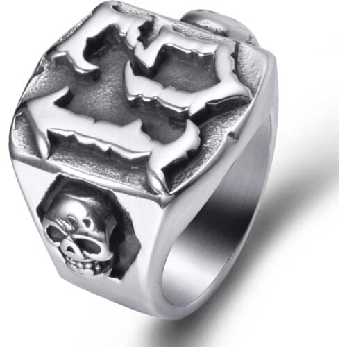 Elfasio Stainless Steel Skull Lucky Number 13 Biker Rings for Men, High Polished, Silver Black Size 8,9,10,11,12,13