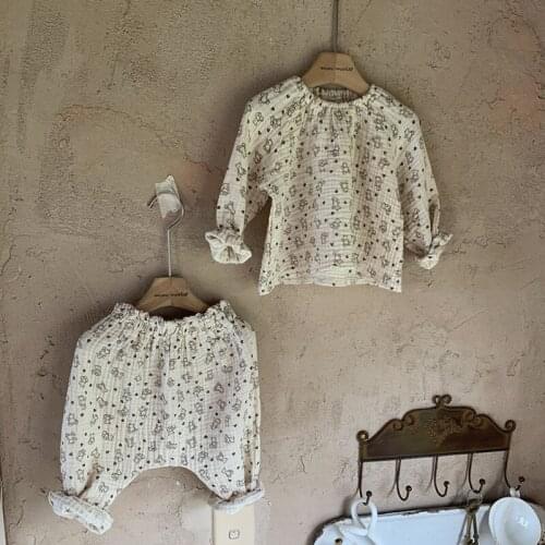 Korean childrens clothing 21 autumn new baby full print bear suit home clothes foreign childrens baby clothes