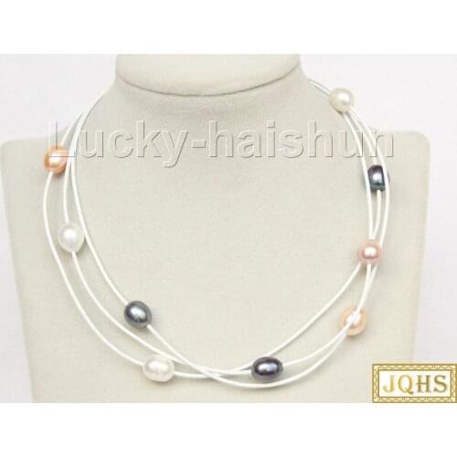 40cm-45cm adjustable 3row white black pink purple pearls white leather necklace 18KGP clasp j9899