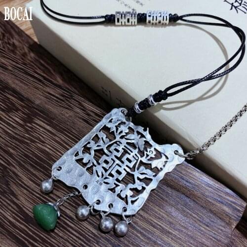 BOCAI New real s990 pure silver lotus happy character bell sweater chain handmade silver ethnic style long woman necklace