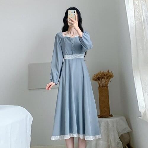 2021 Autumn New Style Sweet And Lovely Gentle And Elegant Slim Waist Closing Temperament Court style square neck waist closing d