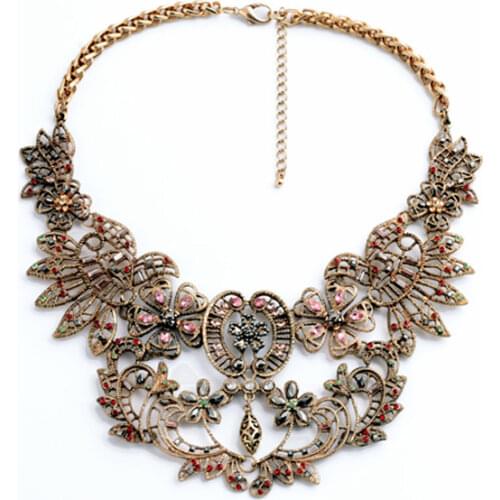 Latest Popular Fashion Women Jewelry Acrylic Glass Zinc Alloy Multicolor Vintage Flower Engraved Necklace