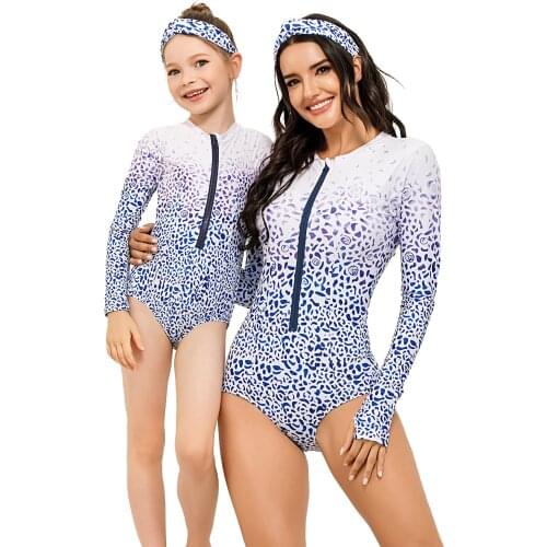Family Matching Swimwear Print Long Sleeve One-Piece Swimsuit Mother Daughter Bathing Suit Swimming Bodysuit Women Kids Bikinis