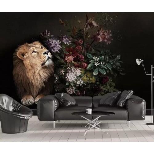 Modern contracted black hand - painted lily lion bedroom Nordic background wall painting