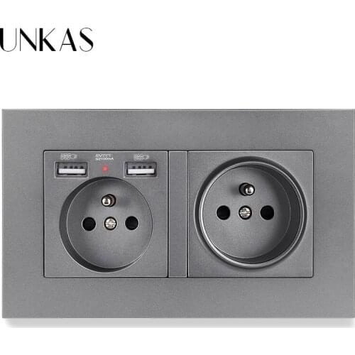 UNKAS PC Plastic Panel Wall Socket French Standard Power Outlet With Dual USB Smart Induction Charge Port 16A 146MM * 86MM