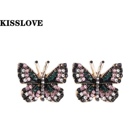KISSLOVE Vintage color butterfly earrings Green rhinestone animal Retro Studs ladies party jewelry gift