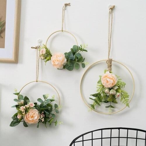 Cilected Eucalyptus Wall Hanging Wreath Decoration Artificial Rose Flower Wood Hoop Wreath For Wedding Backdrop Floral Wreath