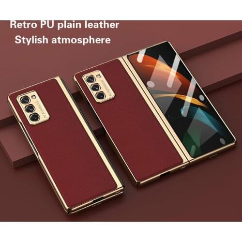 Luxury Tempered Glass Case for Samsung GalaxyZ Fold2 5G All-inclusive Metal Edging Retro Leather Cover for Galaxy Z Fold 2 Case