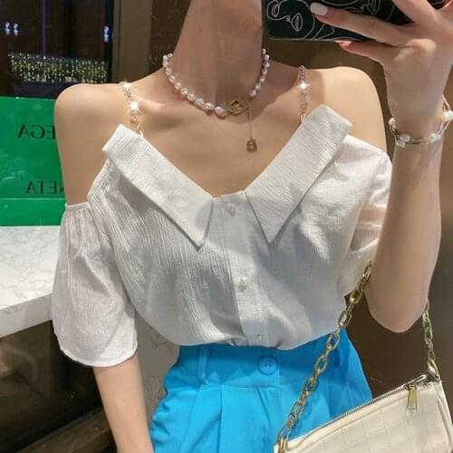 2021 Chic Summer Women Off Shoulder Shirt Ruffle Slash Neck Short Sleeve Tops for Women Thin Sexy Shirt Temperament Blusa 14743