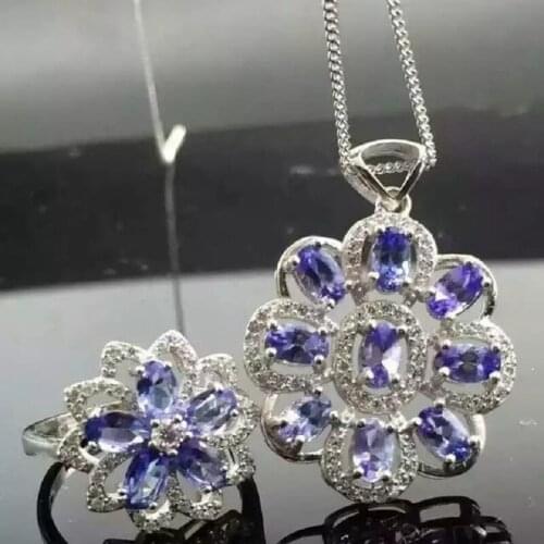 Nice 3*3mm Natural Tanzanite Jewelry Sets for Women Party Gifts Fine Necklace and Ring S925 Sliver Fine Jewelry Gemstones