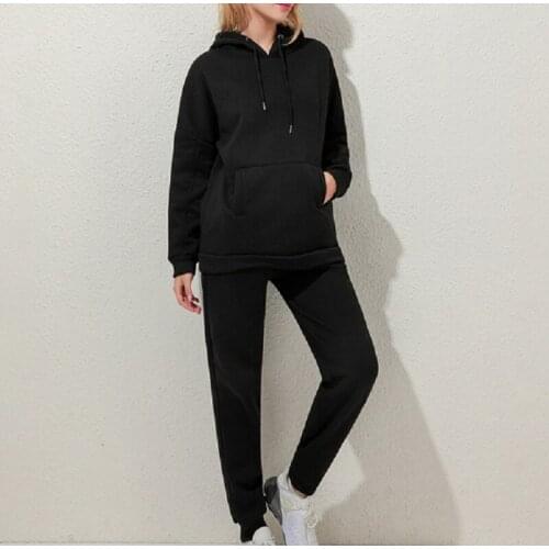 Womens Solid Pocket Hoodie Tracksuit Two-Pieces Suits Long Sleeve Elastic Pullover 2021 Women Causal Tracksuits Two Piece Set
