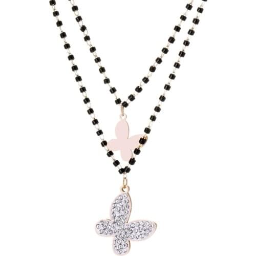 Rose Gold Butterfly Necklace For Women Double-layer Beaded Chain Choker Crystal Butterfly Jewelry Gift collier 2020 New Fashion