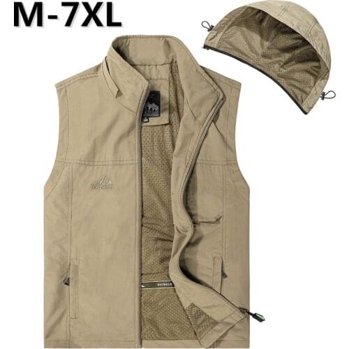 7XL Multi Pocket Hooded Fishing Vest Spring Summer Thin Mesh Breathable Leisure Sports Waistcoat Men Outdoor Hiking Travel Vests