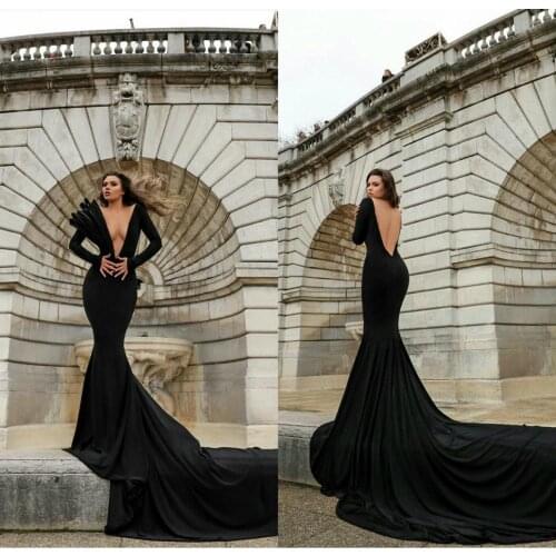 2021 Cheap Black Mermaid Evening Dresses Deep V Neck Long Sleeve Prom Dress Sexy Backless Sweep Train Party Wear robes de soirée