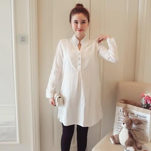 5502# 2018 Autumn Korean Fashion Maternity Blouses A Line Loose White Cotton Clothes for Pregnant Women Pregnancy Shirts Tops