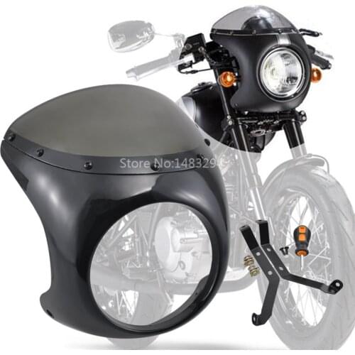 7"Cafe Racer Vivid Black Headlight Fairing Smoke Screen Windshield Hardware Kit Universal Fit For Bobber Chopper Motorcycles