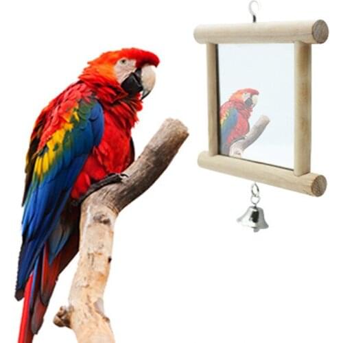 Bird Parrot Wood Stand Perch with Bell Mirror Hanging Cage Interactive Play Toy Pet Bird Cage