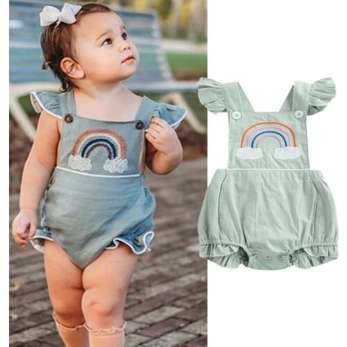 Baby Girl’s Sweet Ruffles Fly Sleeve Romper Fashion Rainbow Embroidery Backless Jumpsuits Sleeveless Backless Bodysuits