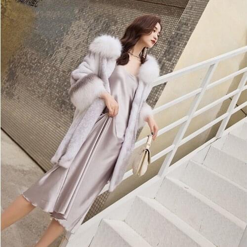 FURSARCAR 2021New Fashion Genuine Natural Mink Fur Coat With Real Fox Fur TurnDown Collar For Women Winter Warm Luxury Outerwear