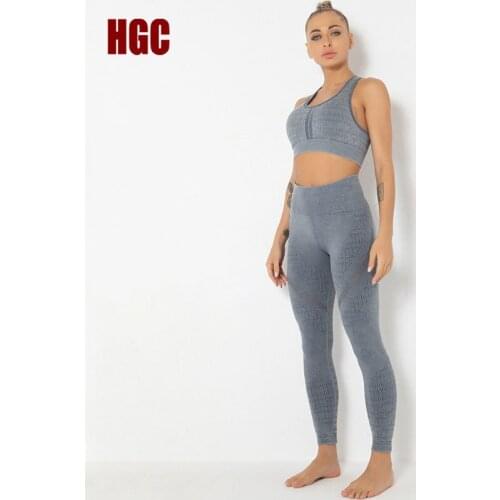 HGC Seamless Fitness Suit 2 Piece Set Women Sportwear Workout Leggings Top Push-up Sport Outfit Breathable Elastic Gym Clothes