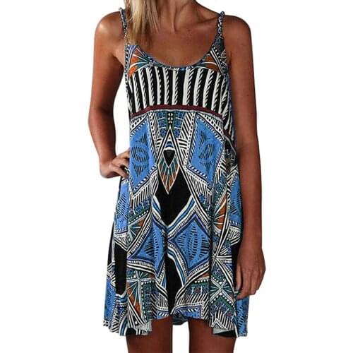 Summer Dress Womens Fashion Sexy O-neck Casual Loose Print Spaghetti Strap Sleeveless Beach Party Dresses For Women Robe Femme