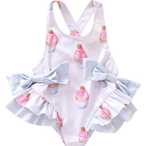 Summer Children Clothing Cake Print Backless Cross Double Bow Swimsuit Lace One-piece Swimwear 1-6 Years Old